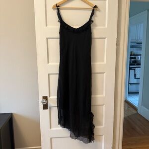 Vintage Asymmetrical Hem Black Ruffled Midi Dress